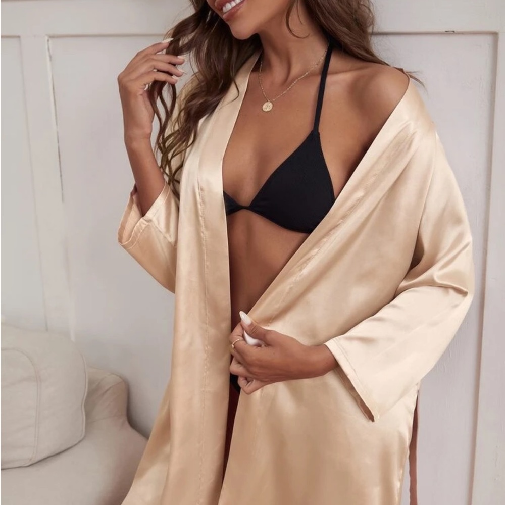 Open Front Belted Satin Night Robe - Picture 5 of 5